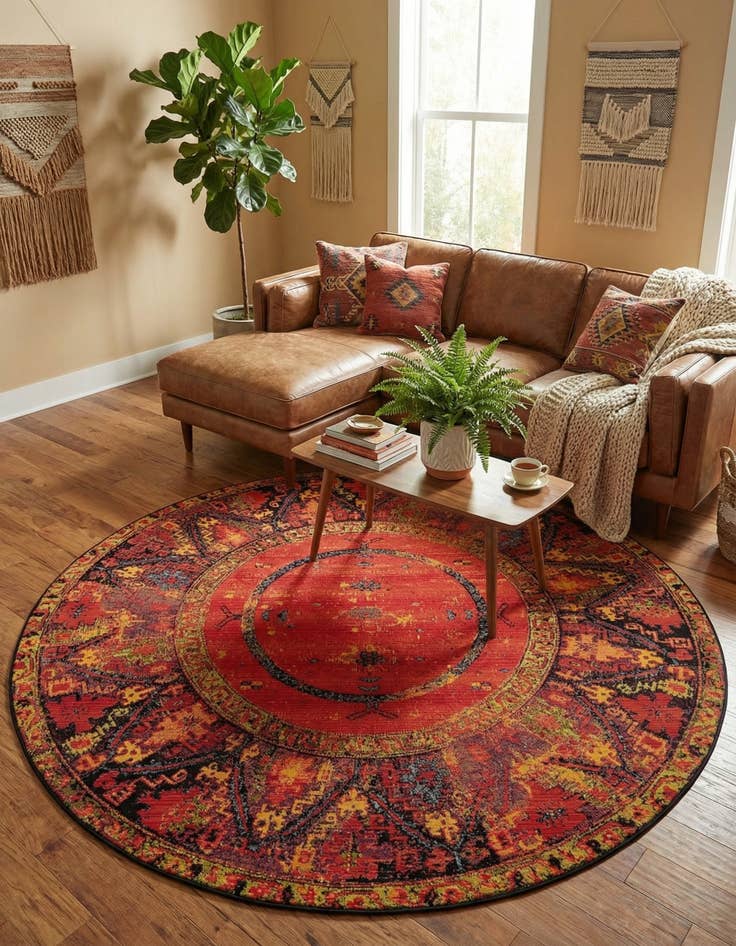 Detail image of 7' 10 x 7' 10 Easy-Clean Tribal Indoor / Outdoor Round Rug