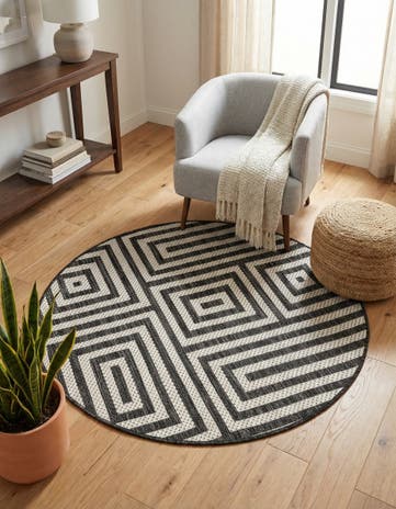 Black and White Easy-Clean Modern Indoor / Outdoor Round Rug