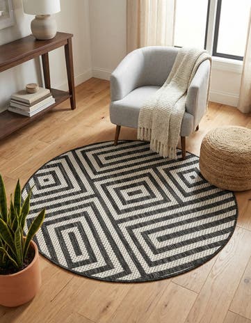 Black and White Easy-Clean Modern Indoor / Outdoor Round Rug