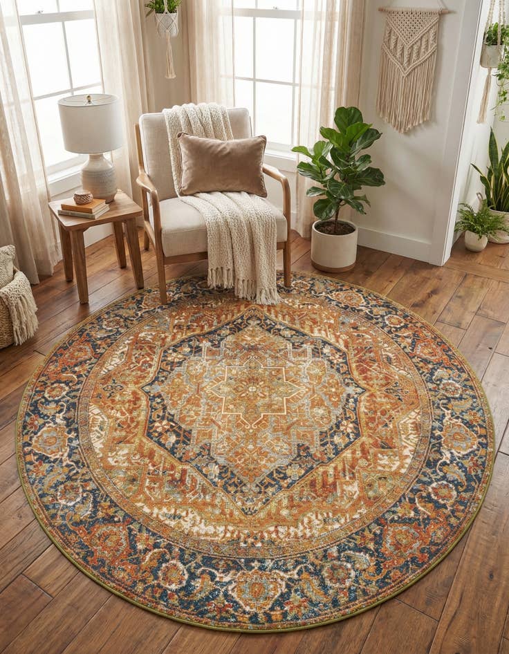 Detail image of 7' 10 x 7' 10  Washable Traditional Indoor / Outdoor Round Rug