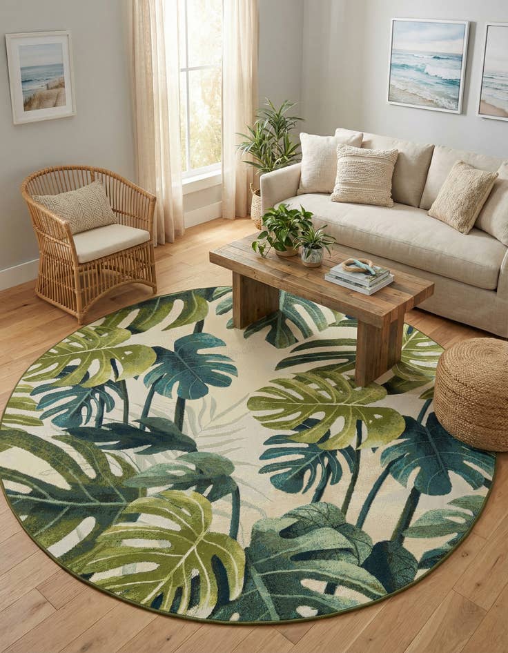 Detail image of 7' 10 x 7' 10 Washable Botanical Indoor / Outdoor Round Rug