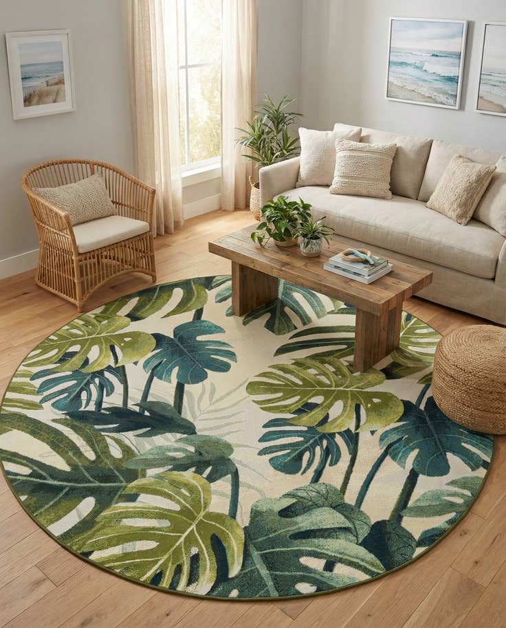 Detail image of 7' 10 x 7' 10 Easy-Clean Botanical Indoor / Outdoor Round Rug