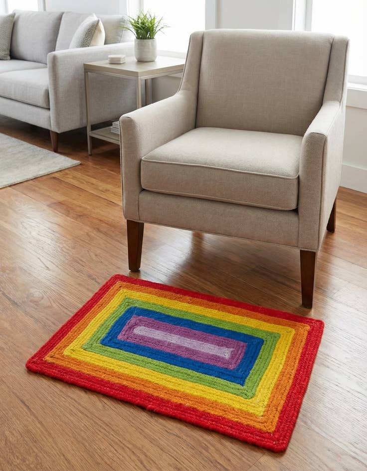 Detail image of 2' x 3' 1 Handmade Hand Braided Rainbow Wool Rug