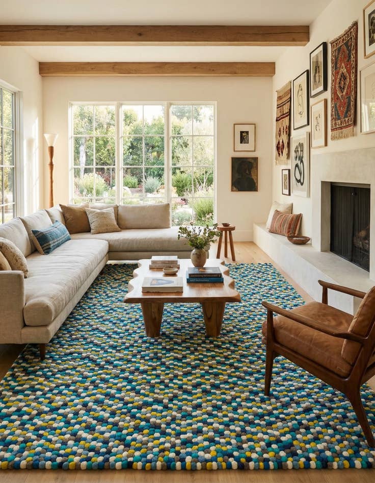 Detail image of 9' x 12'  Hand Woven Felt Ball Wool Rug