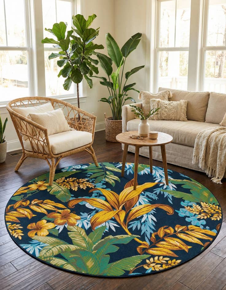 Detail image of 7' 10 x 7' 10 Easy-Clean Botanical Indoor / Outdoor Round Rug