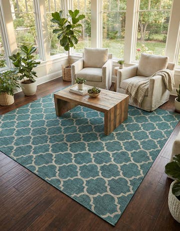 Teal Easy-Clean Lattice Indoor / Outdoor Square Rug