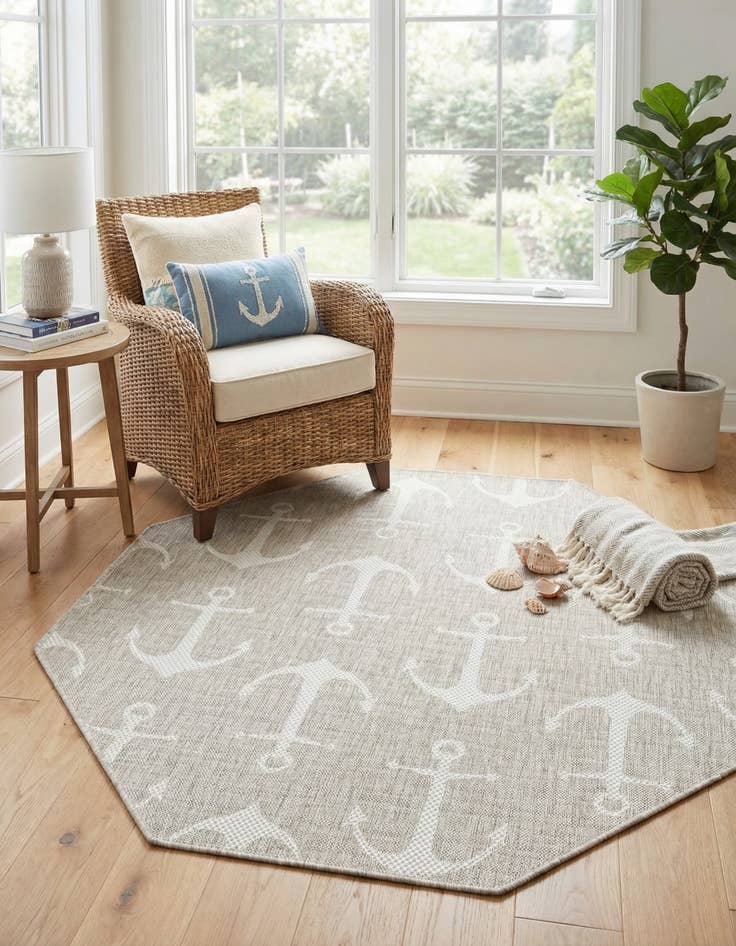 Detail image of 5' 3 x 5' 3  Washable Coastal Indoor / Outdoor Octagon Rug