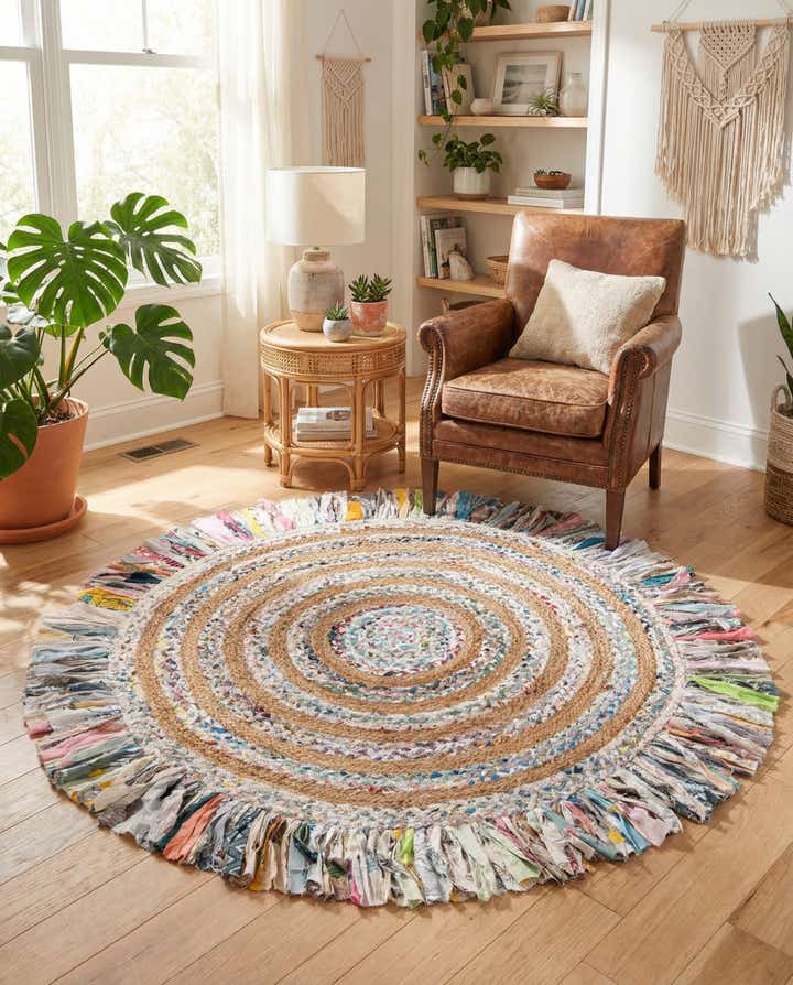 5' 1 x 5' 1 Hand Braided Chindi Jute Round Rug