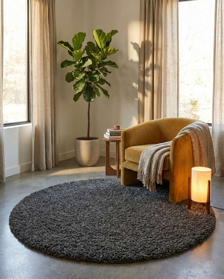 5' 3 x 5' 3 Solid Shag Round Rug