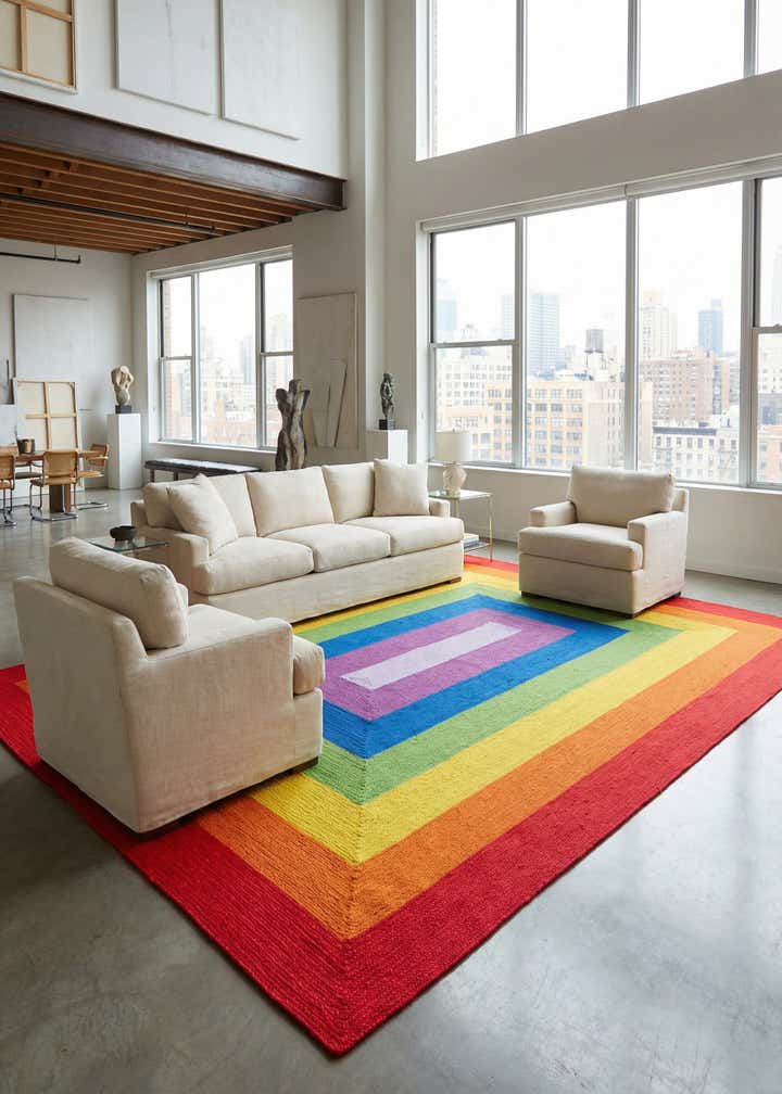 10' x 14' 1 Handmade Hand Braided Rainbow Wool Rug