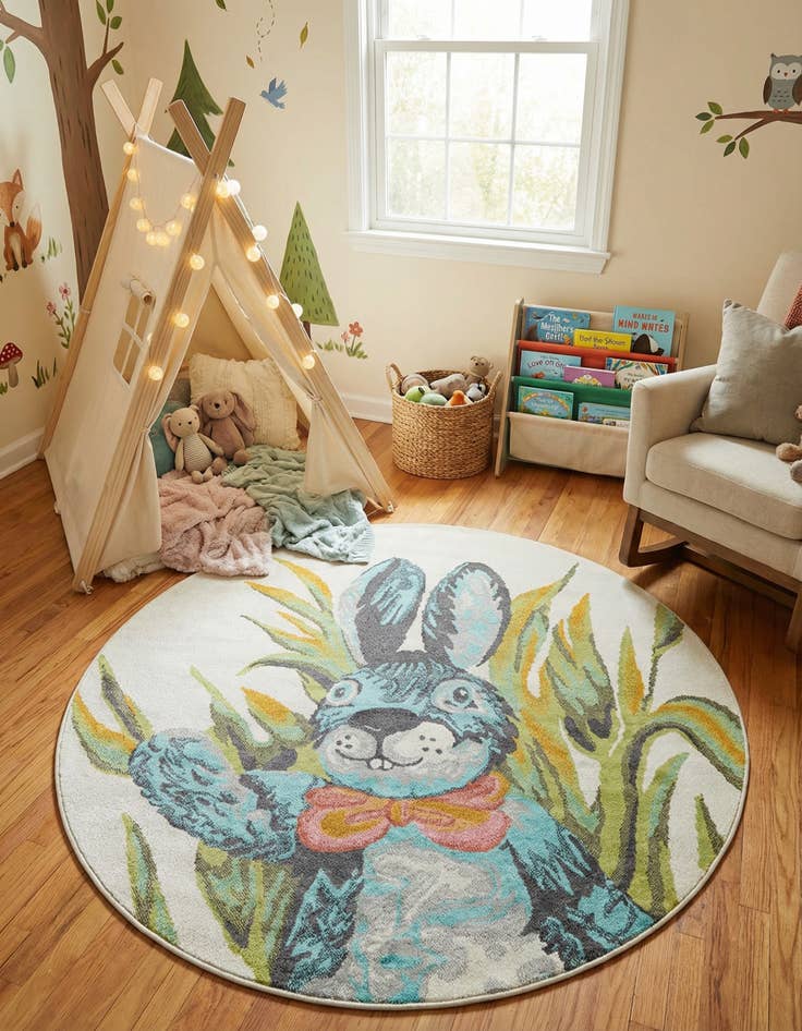 Detail image of 6' 1 x 6' 1 Rabbit Whimsy Kids Round Rug