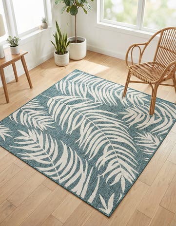 Teal Easy-Clean Botanical Indoor / Outdoor Square Rug