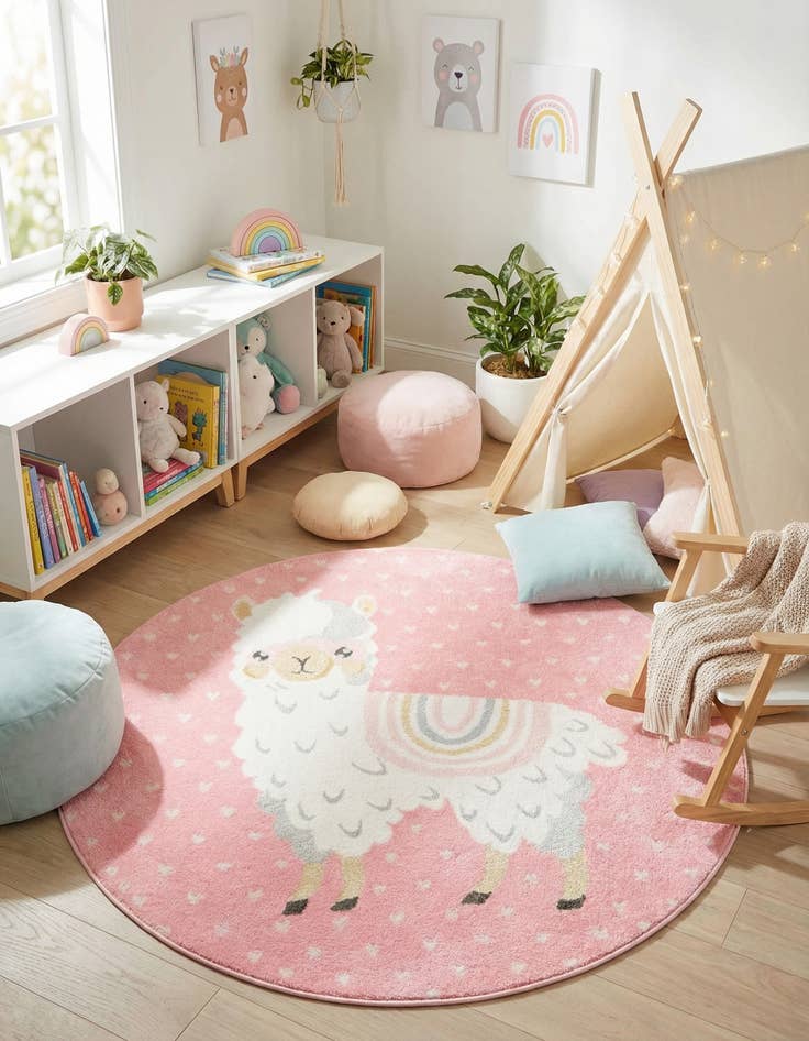 Detail image of  5' 3 x 5' 3 Llama Whimsy Kids Round Rug