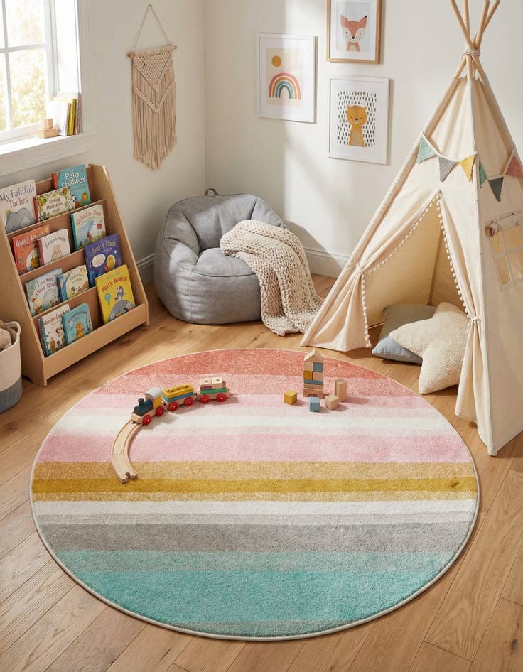 Detail image of 4' 1 x 4' 1 Rainbow Stripes Whimsy Kids Round Rug