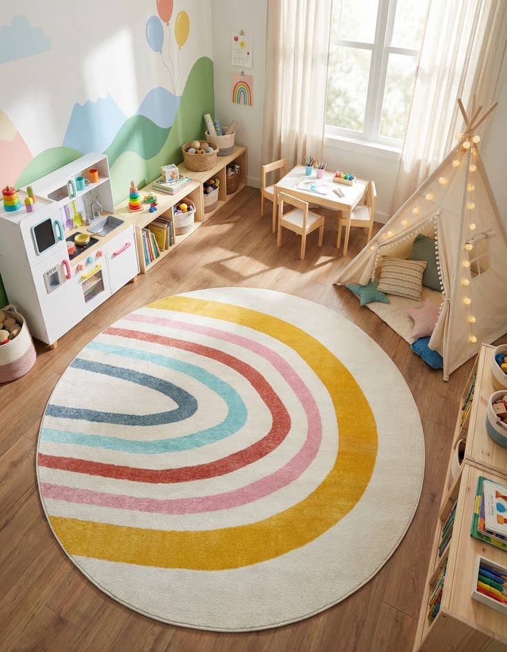 Detail image of 7' 10 x 7' 10 Rainbow Whimsy Kids Round Rug