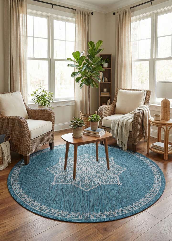 7' 10 x 7' 10 Easy-Clean Traditional Indoor / Outdoor Round Rug
