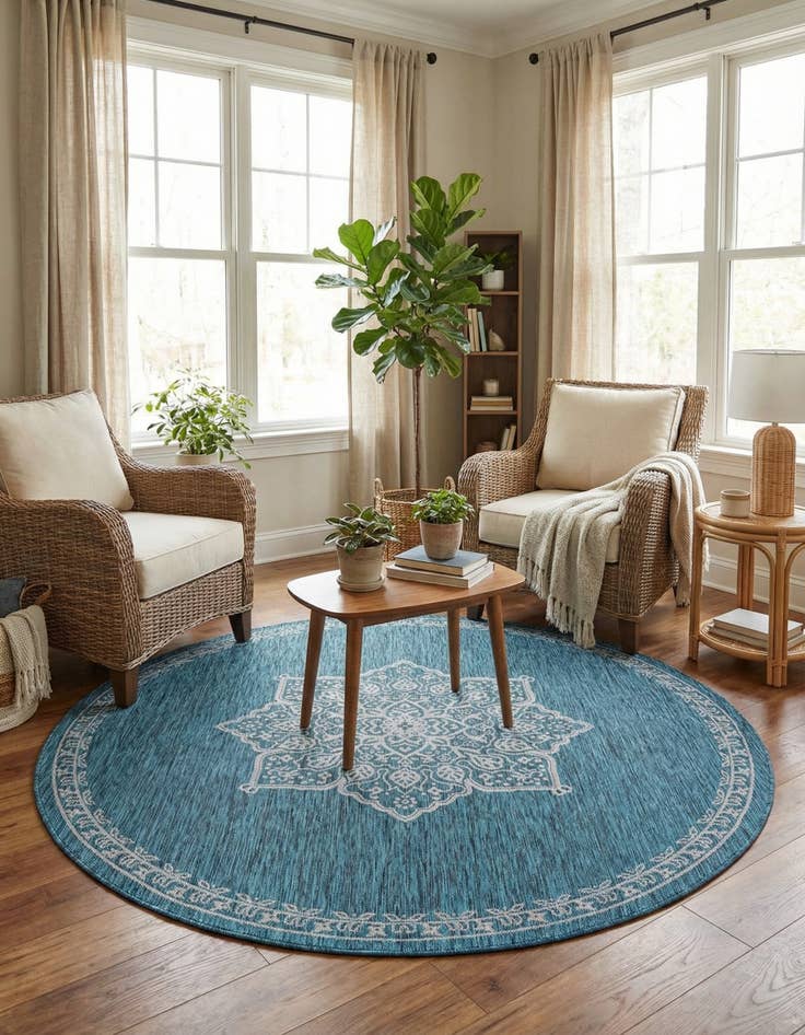 Detail image of 7' 10 x 7' 10 Easy-Clean Traditional Indoor / Outdoor Round Rug