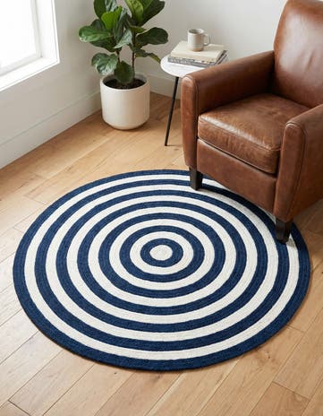 Navy Blue and White Easy-Clean Eco Verse Washable Indoor / Outdoor Round Rug
