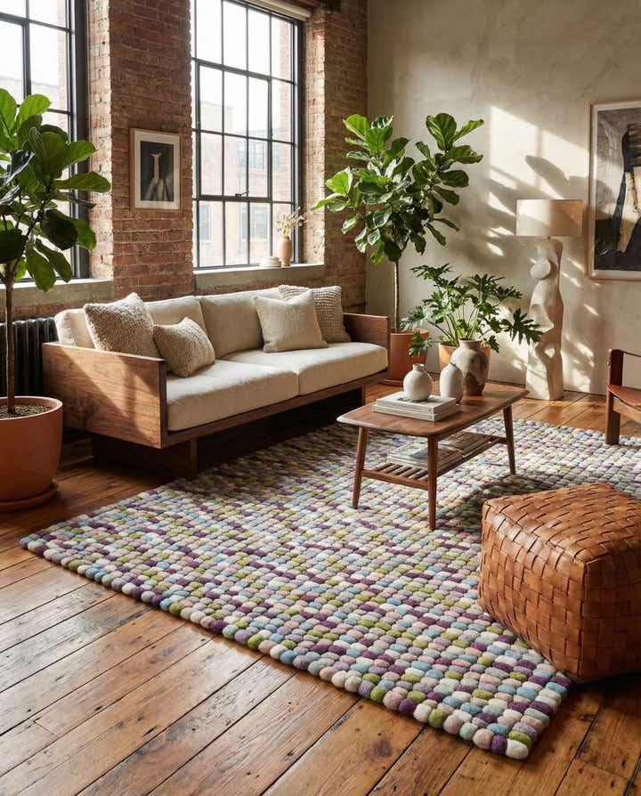 5' 1 x 8' Hand Woven Felt Ball Wool Rug