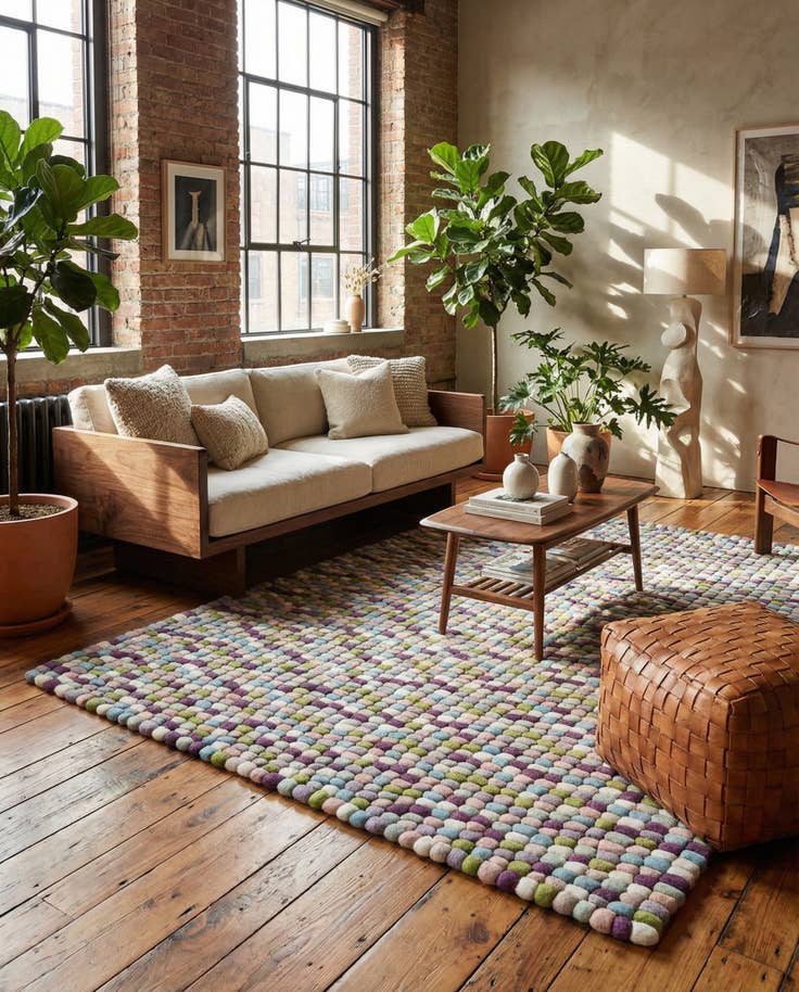 Detail image of 5' 1 x 8' Hand Woven Felt Ball Wool Rug