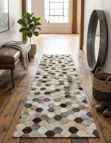 Ivory Gray Cowhide Leather Runner Rug