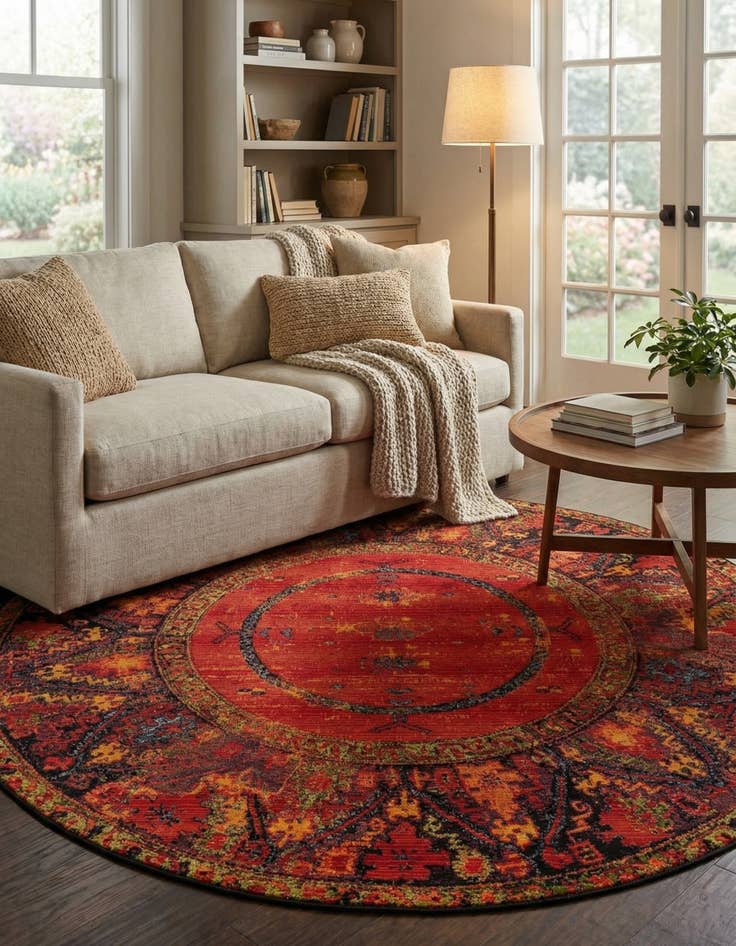 Detail image of 7' x 7' Easy-Clean Tribal Indoor / Outdoor Round Rug