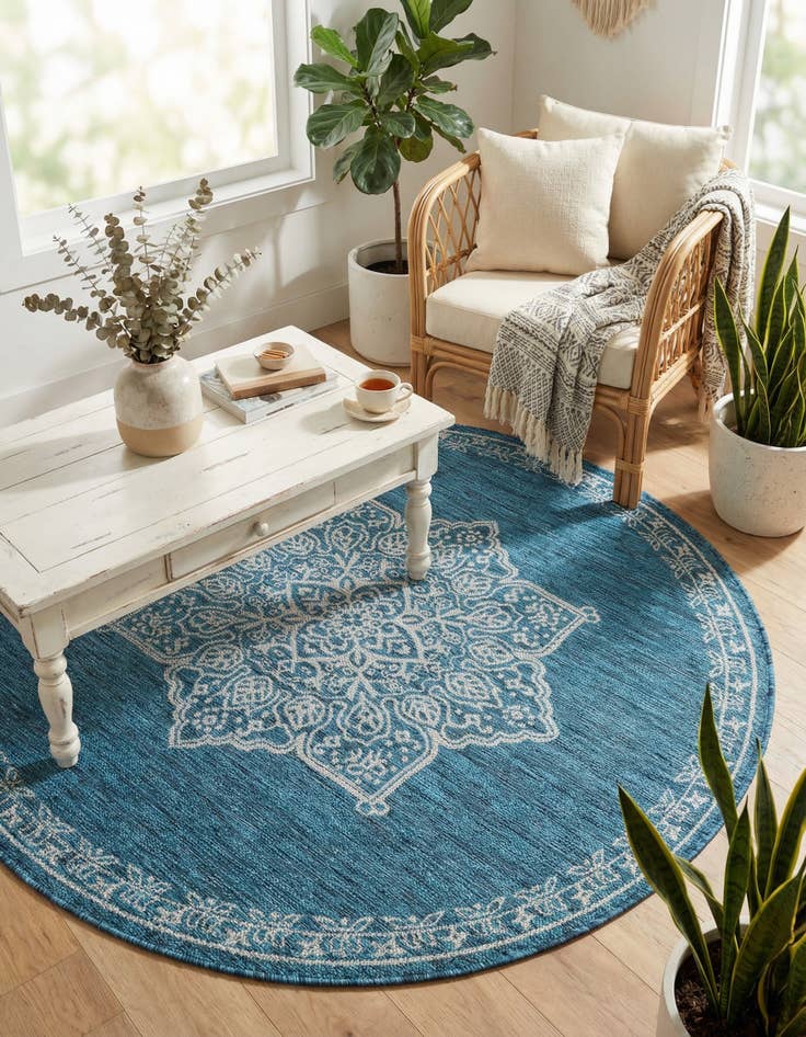 Detail image of 5' 3 x 5' 3 Washable Traditional Indoor / Outdoor Round Rug