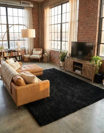 Jet Black Solid Shag Rug