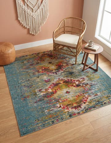 Turquoise Washable Carnevale Square Rug
