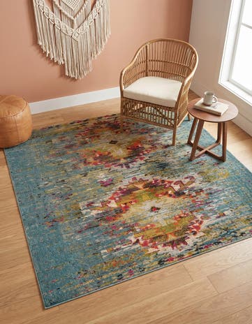 Turquoise Washable Carnevale Square Rug