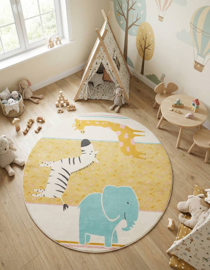 Detail image of 7' 10 x 7' 10 Animals Whimsy Kids Round Rug