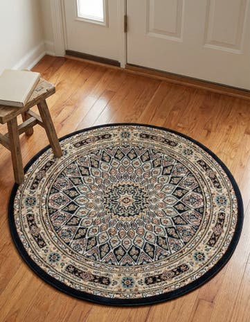 Navy Blue Nain Design Round Rug