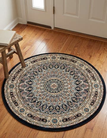 Navy Blue Nain Design Round Rug