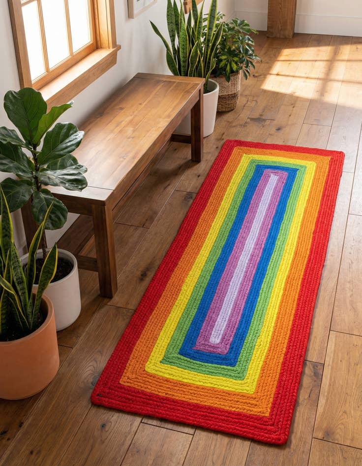 Detail image of 2' x 5' 1 Handmade Hand Braided Rainbow Wool Runner Rug