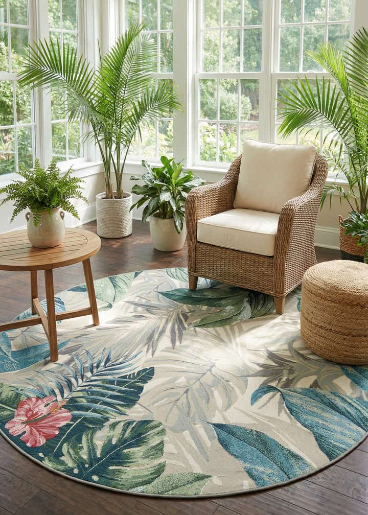 7' x 7' Easy-Clean Botanical Indoor / Outdoor Round Rug