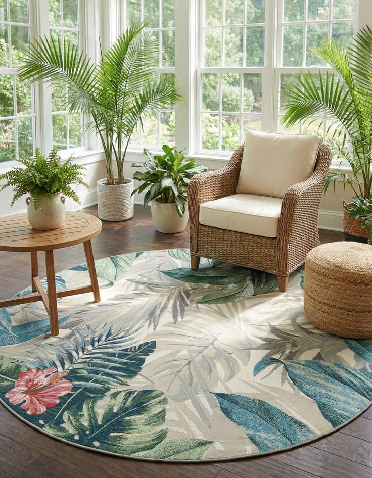 Detail image of 7' x 7' Washable Botanical Indoor / Outdoor Round Rug