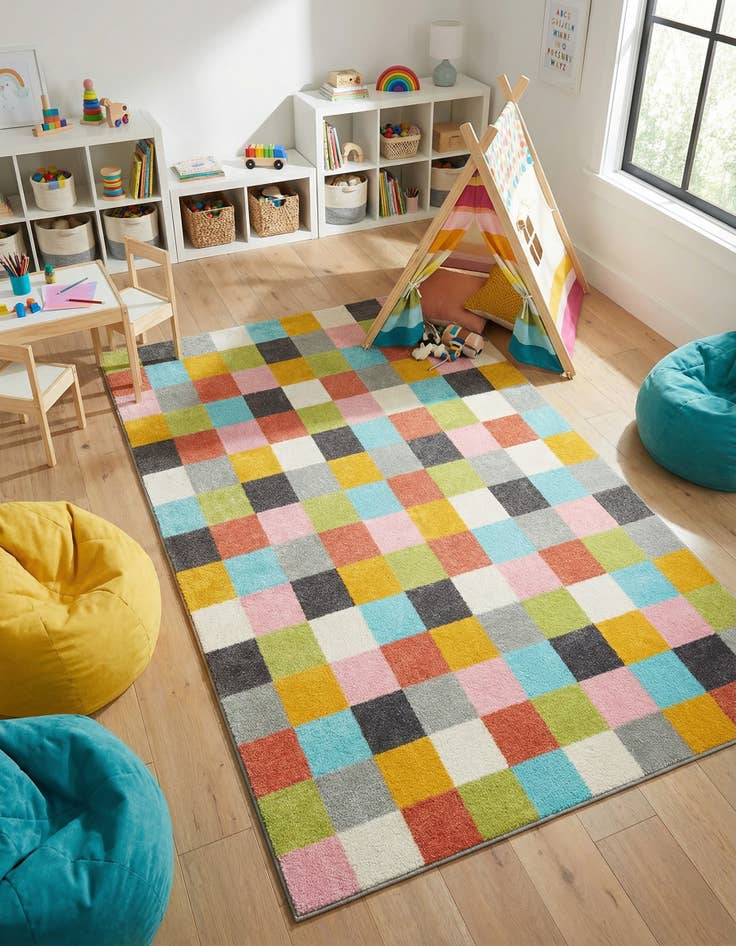 Detail image of 5' 3 x 8' Checkered Whimsy Kids Rug