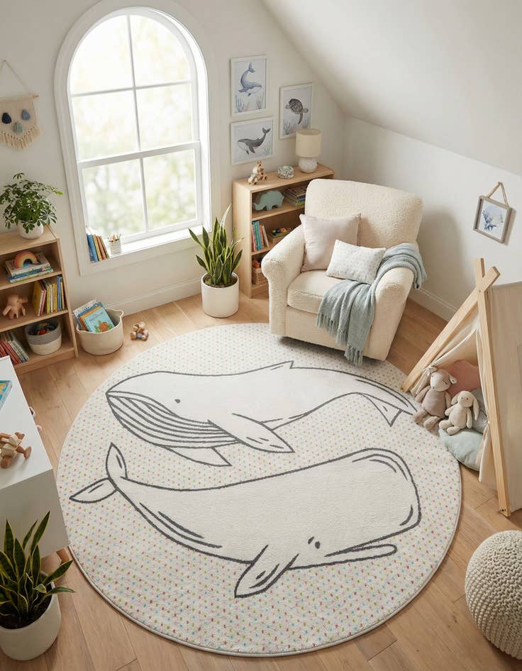 Detail image of 7' 10 x 7' 10 Whale Whimsy Kids Round Rug
