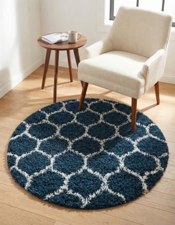 Navy Blue Lattice Shag Round Rug