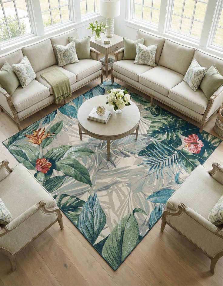 Detail image of 7' 10 x 7' 10 Washable Botanical Indoor / Outdoor Square Rug