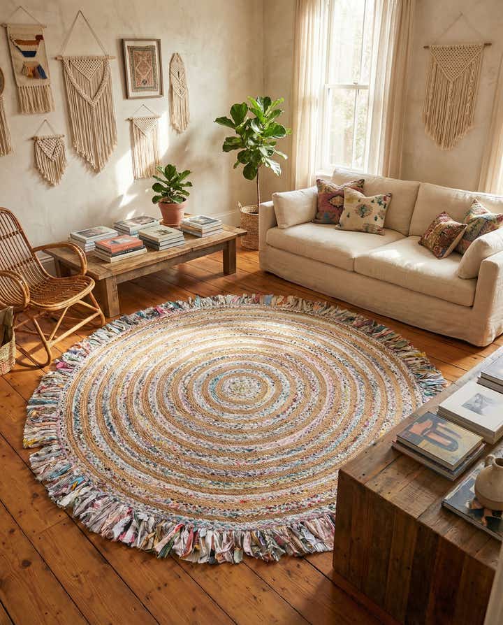 7' 10 x 7' 10 Hand Braided Chindi Jute Round Rug