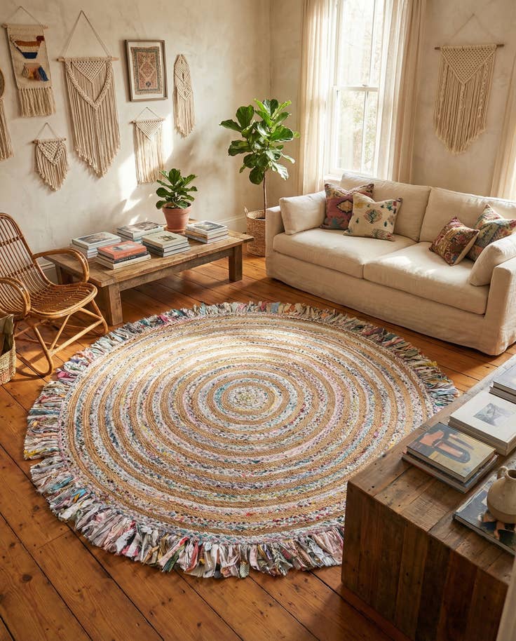 Detail image of 7' 10 x 7' 10 Hand Braided Chindi Jute Round Rug