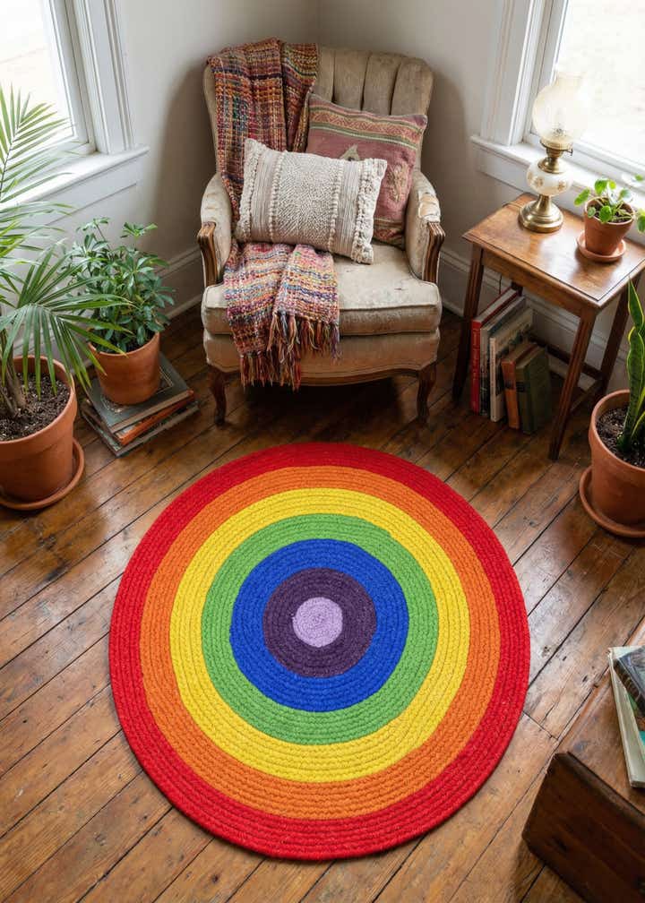 3' 1 x 3' 1 Handmade Hand Braided Rainbow Wool Round Rug