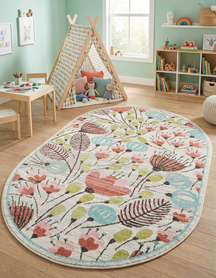 Detail image of 5' 3 x 8' Flowers Whimsy Kids Oval Rug