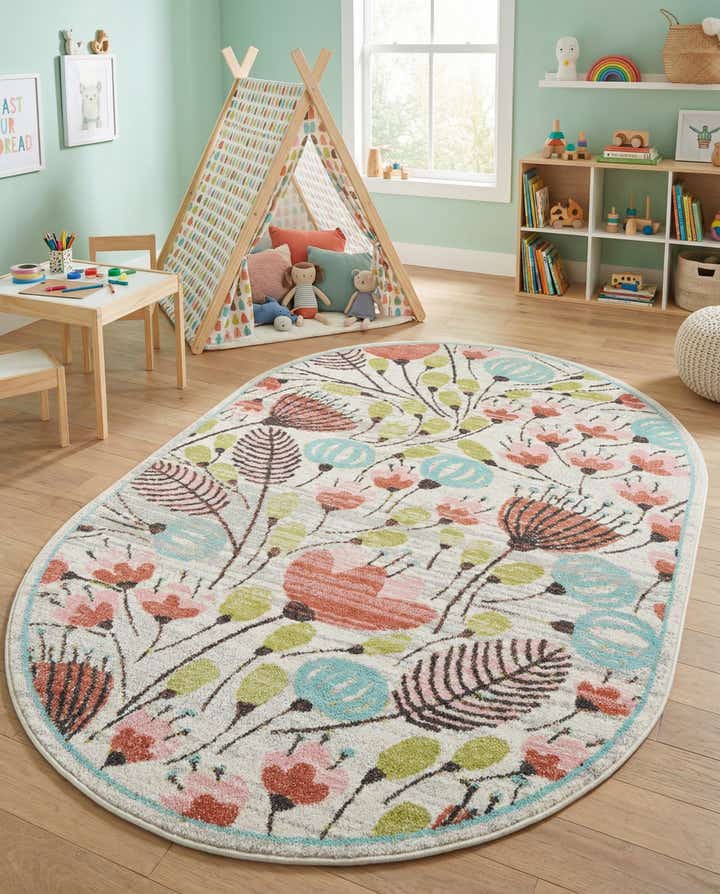 5' 3 x 8' Flowers Whimsy Kids Oval Rug