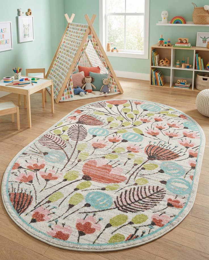 Detail image of 5' 3 x 8' Flowers Whimsy Kids Oval Rug