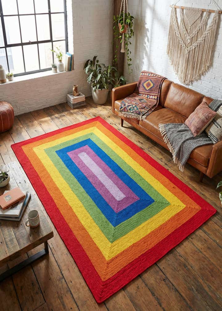 6' 1 x 9' Handmade Hand Braided Rainbow Wool Rug