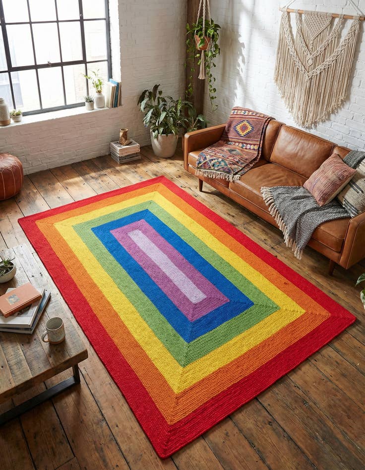 Detail image of  6' 1 x 9'  Hand Hand Braided Rainbow Wool Rug