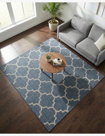 Navy Blue Easy-Clean Trellis Indoor / Outdoor Square Rug