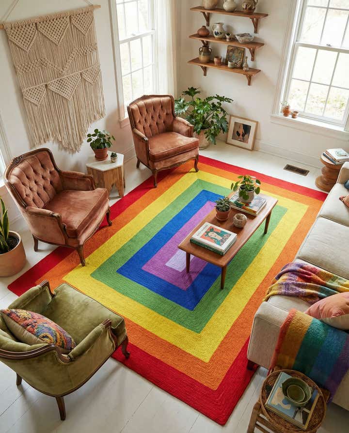 7' 10 x 10' Handmade Hand Braided Rainbow Wool Rug